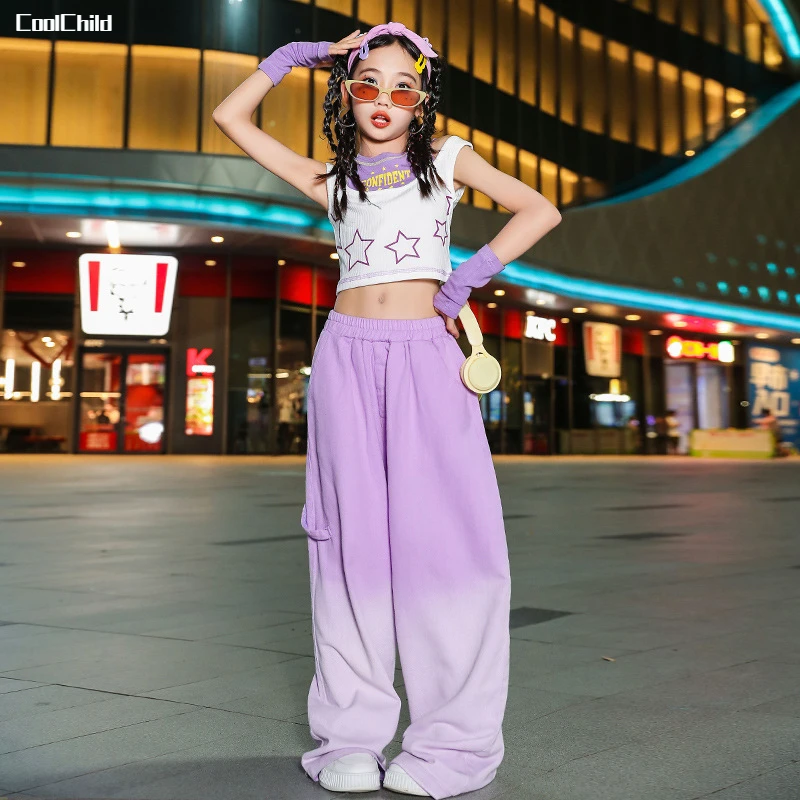 Girls Lovely Streetwear Children Hip Hop Crop Top Gradient Colour Loose Pants Clothes Sets Kids Cute Street Dance Jazz Costumes