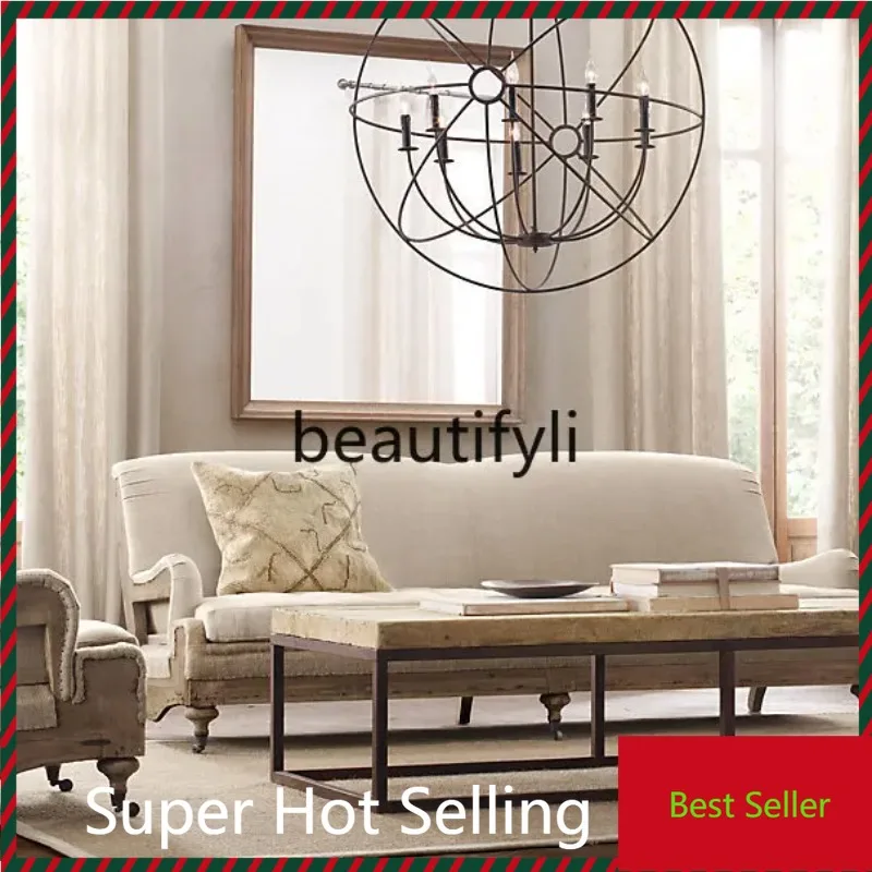 

QQ132 French Country Retro Solid Wood American Simple Solid Wood Linen Sofa British Classical