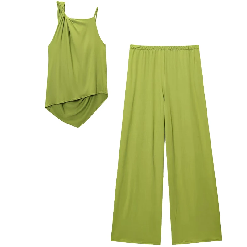 Hxao conjuntos de calças verdes femininas, duas peças, babados, assimétrico, top deslizante, roupa chique, cintura alta, drapeado, pernas largas