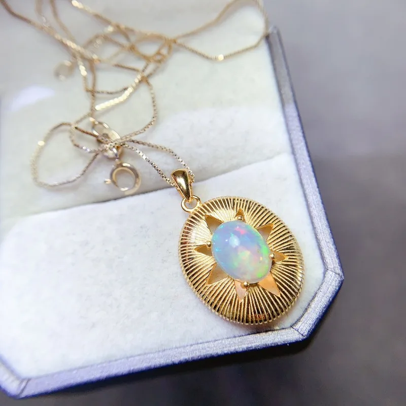 925 Silver Oval Natural Opal Pendant for Party 7x9mm Natural Tong Pendant 18K Gold Plated Topaz Jewelry