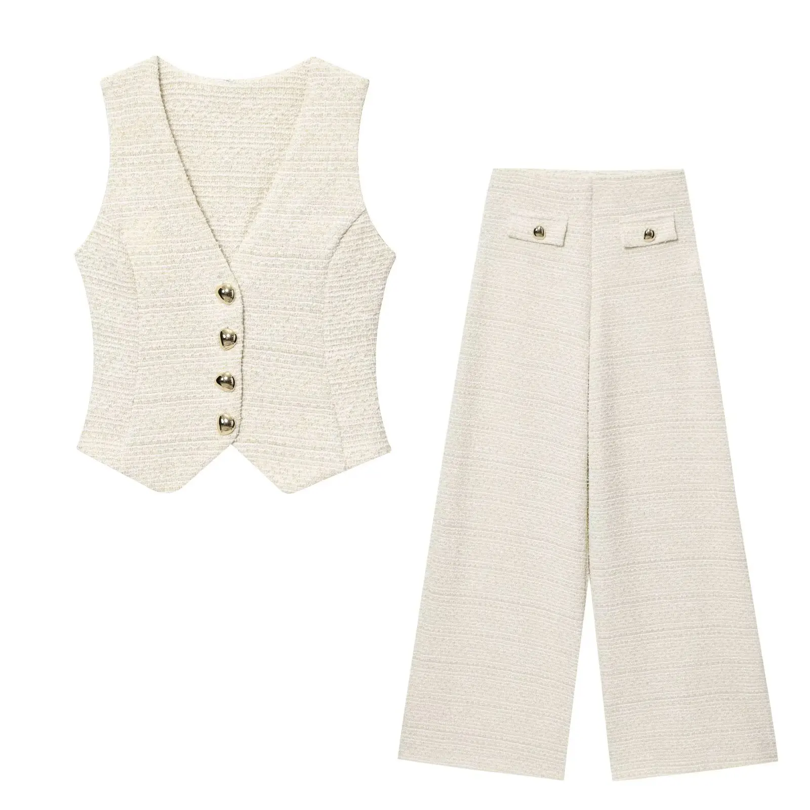 Zbzr outono novo conjunto de faion feminino v-ne spvel botão textura colete calças compridas quente fino ajuste europeu sle adulto feminino