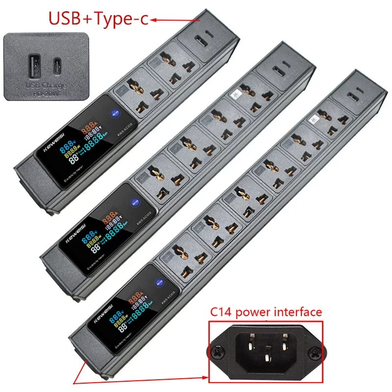 Ampèremètre numérique, voltmètre, ampèremètre, bande de puissance, 2/3/4/5/6/7/8/9/10, prise universelle USB + interface type-c C14