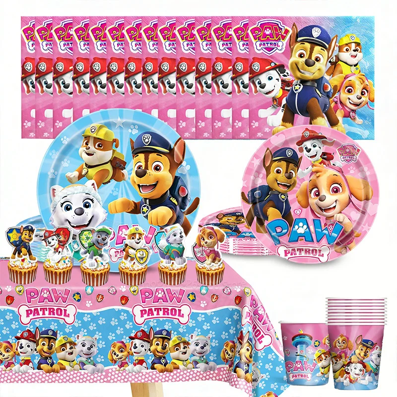 Ensemble de vaisselle jetable Paw Patrol, assiette, tasse, serviette, nappe, décoration de gâteau pour enfants, fournitures de décoration de fête d'anniversaire