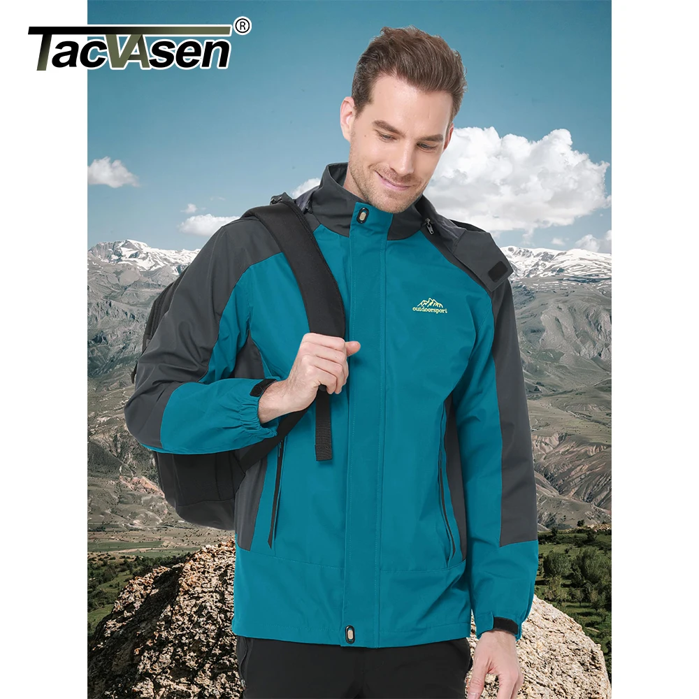 TACVASEN Men's Hiking Outdoor Jacket Removable Hood Multi-pockets Zip Up Windproof Work Jacket Breathable Lined Waterproof Coats