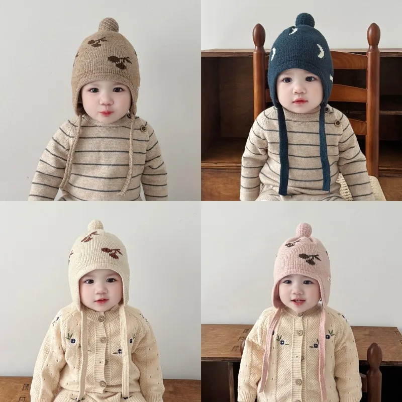 

Корейская детская зимняя вязаная шапка, теплая шапка с ушками для младенцев, детская шапка-чулка с ребристым дизайном, реквизит для фотосъемки новорожденных