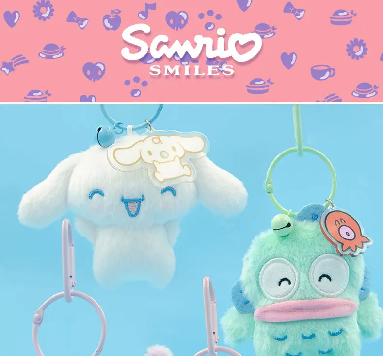 Original Sanrio lizenzierter Plüsch-Schlüsselanhänger aus der Bell-Serie, niedlicher Cartoon-Charakter-Anhänger mit Acryl-Tag, weicher, flauschiger Rucksack-Charm. – Detail 1