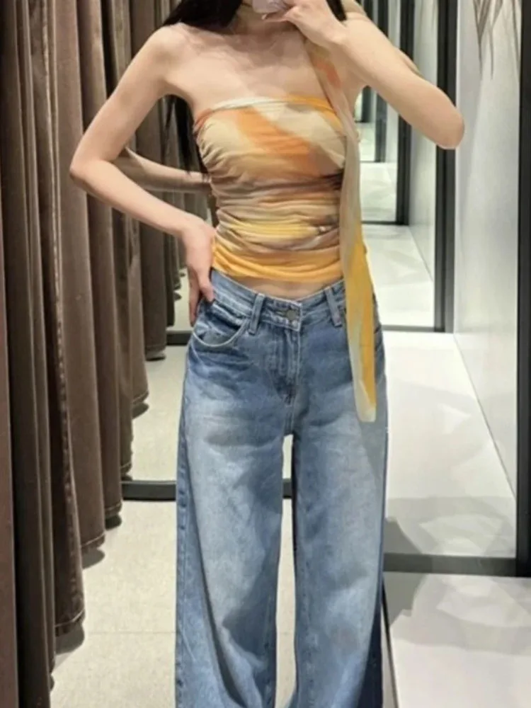 Y2k Aesthetic Printing Sexy Strapless Vest Streetwear Women Vintage Cropped Tank Top Harajuku Gauze Slim Fit Pleated Camisole