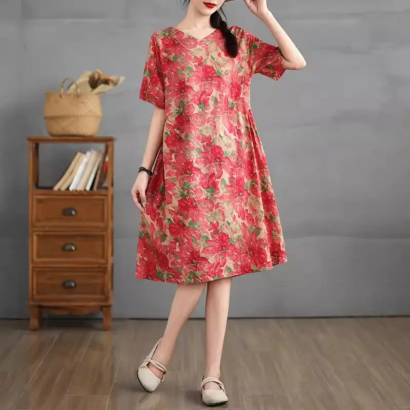 Artistic Casual Loose Versatile Cotton And Linen Dress For Women Short Sleeve 2024 Summer Clothing Printed Vestidos K2018