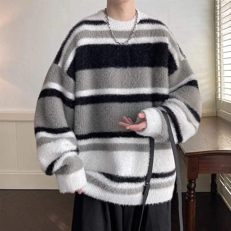 

New Fashion Stripe Color-blocking Warm Top Men's Oversized Round-Neck Knit Sweater Wool Blend Long Sleeve 2026 Autumn/Winter