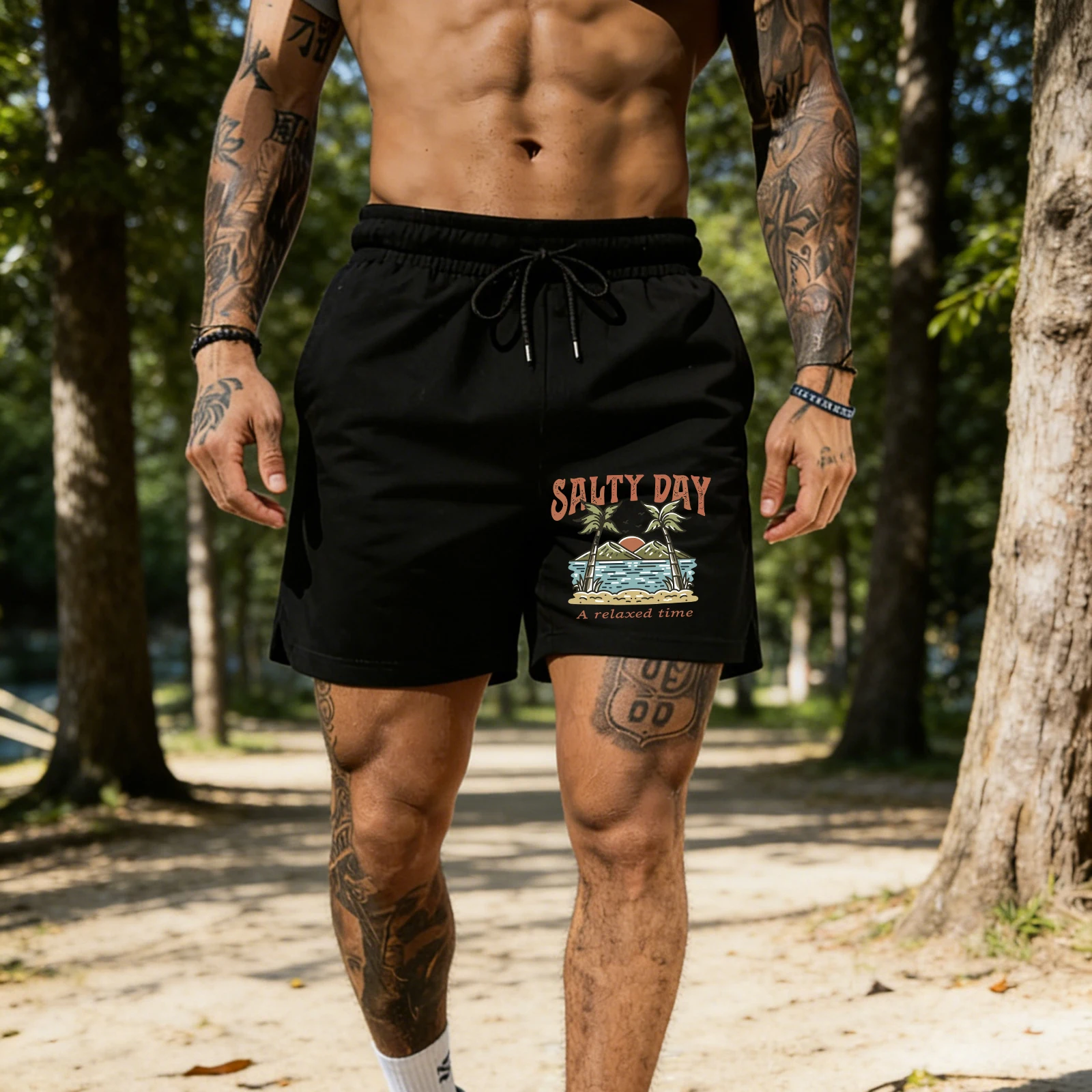 

Salty Day A Relax Time Coconut Tree Beach Pocket Mens Pants Summer Casual Shorts Loose Retro Streetwear Unisex Wide-Leg Pants