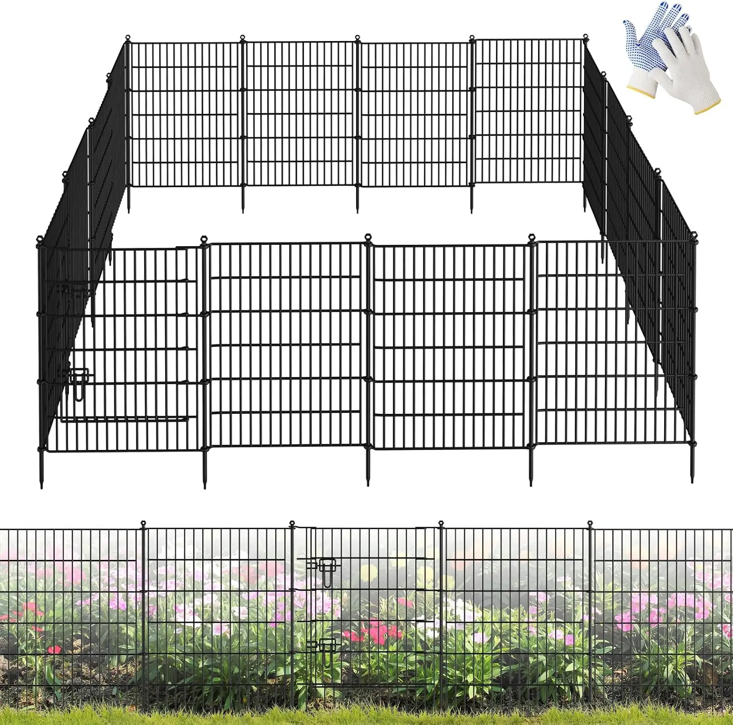 16 Panels Garden Fence,Rustproof Metal Fence Panels - 32in (H)×37.8ft (L) Garden Fencing Animal Barrier with Gate,Dog Fence Outd