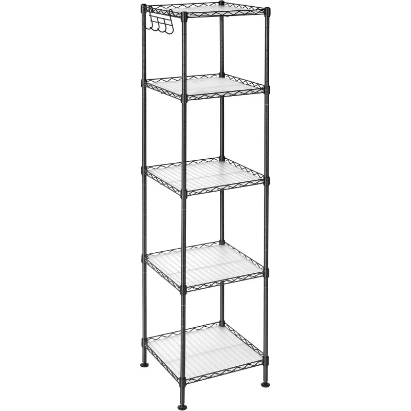 5-Tier Bathroom Shelf, Storage Rack for Small Space, with 5 PP Shelf Liners, Removable Hook, Extendable Design, Ink Black