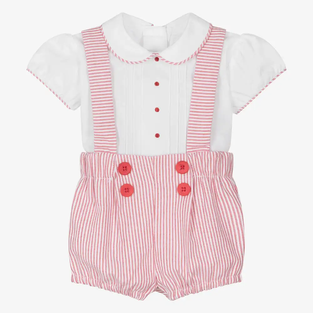 2Pcs Children Spanish Boutique Clothing Baby Boys Birthday  Clothes Set Toddler baby Boys Red Stripe Cotton Shorts Set