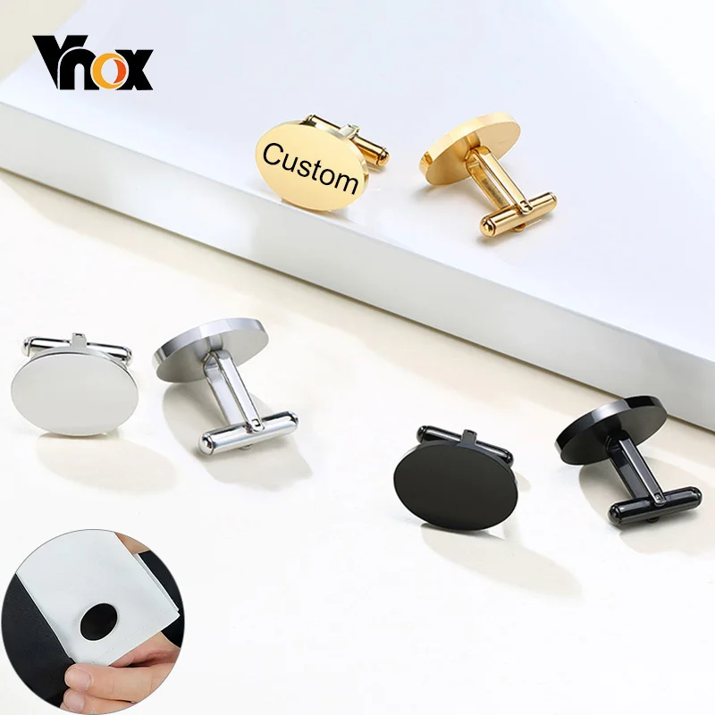 Vnox Personalized 2pcs Oval Men's Cuff Links Glossy Stainless Steel Metal Cufflinks Customize Gift for Dad Husband