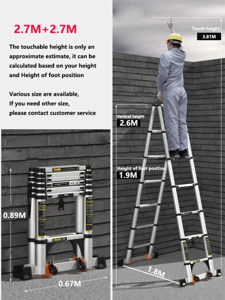 aluminum alloy household telescopic ladder 2.7M+2.7M folding portable herringbone ladder engineering lift stairs