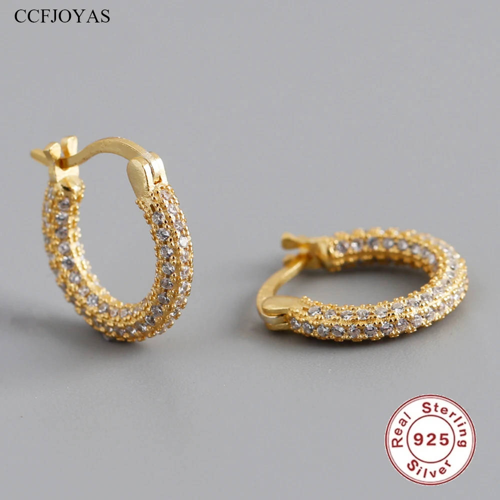 

CCFJOYAS 9.5mm 925 Sterling Silver full Zircon Hoop Earrings for Women Punk Rock high-end Huggies Hoops Wedding Fine Jewelry