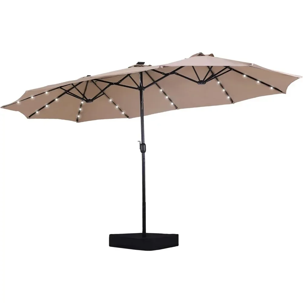 

15 Foot Double-sided Terrace Sunshade Umbrella with Solar Lights, Including Base, Crank Handle, and 36 LED Lights for Shading