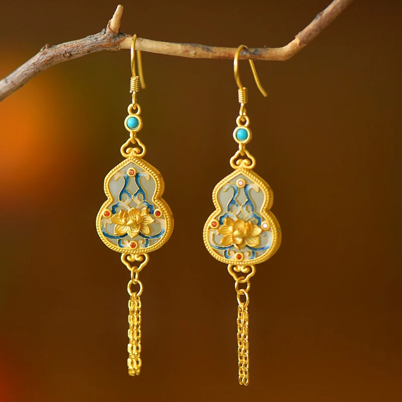 

Natural Hetian Jade Gourd Tassel Earrings Long Retro Chinese Style Lotus Earrings