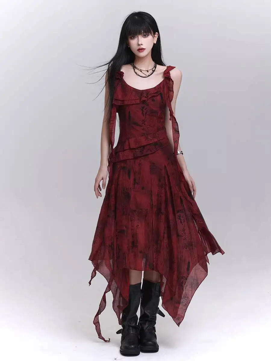 Punk Women Strap Dress Irregular Red Cami Dress Ghost Girl Stunning Slip Dress For Beach Vacation Concert Outfit