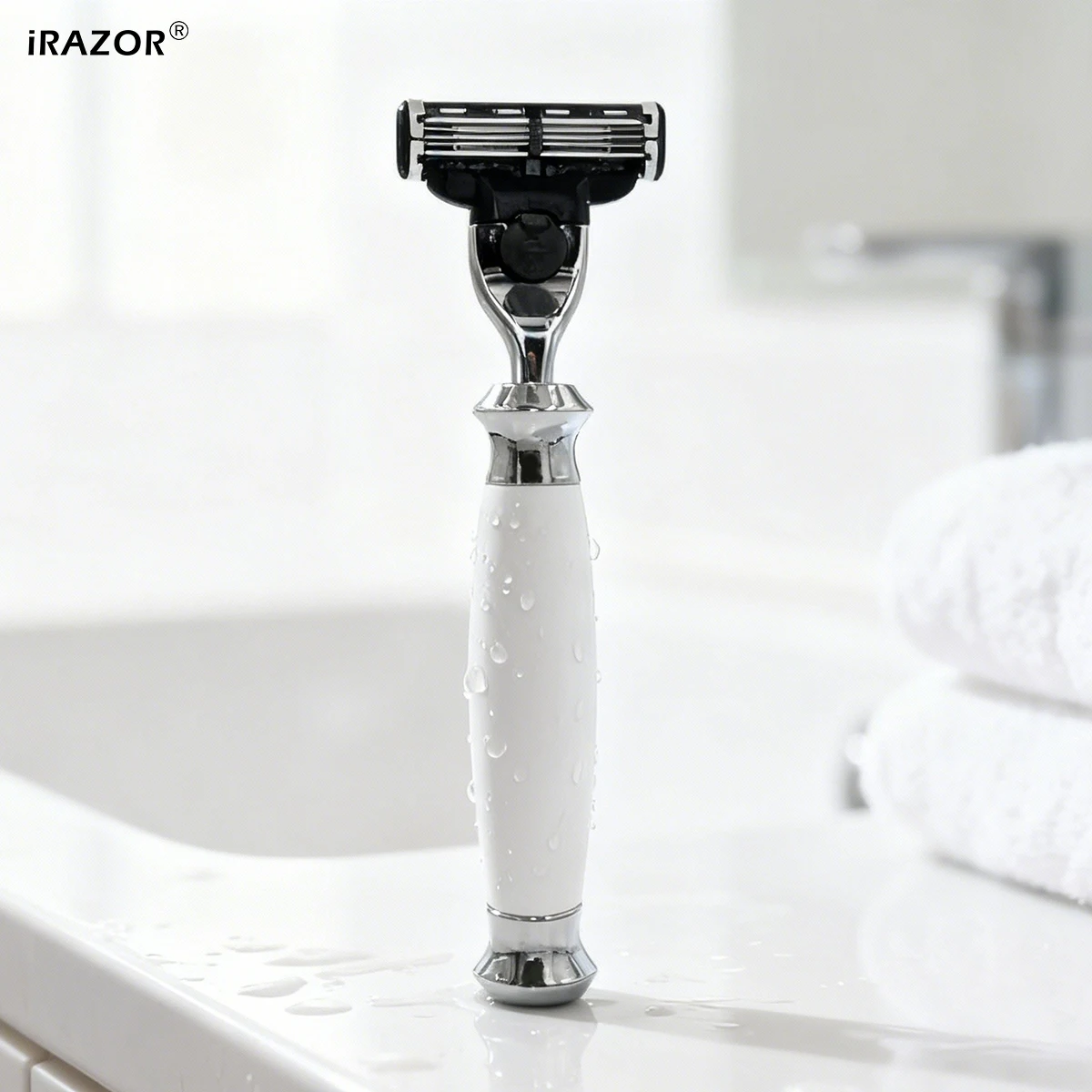 iRAZOR 3-Blade Mach 3 Men's Beard Shaving Razor Hair Removal Shaver White Resin Acrylic Handle with 3-Layer Blade Cartridge
