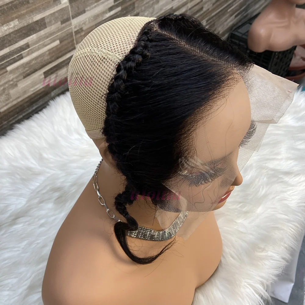 Gerade 13x4 Lace Frontal Perücke aus brasilianischem Remy-Haar, nur mit Zöpfe, 12" 14" 16", 13x4 transparente Lace Front, natürlich – Detail 4