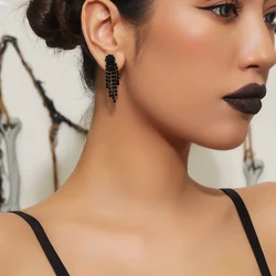 Fashion Luxury Black Color Long Tassel Earrings for Women Bridal Dangle Earrings Full Rhinestone Party Earring Wedding