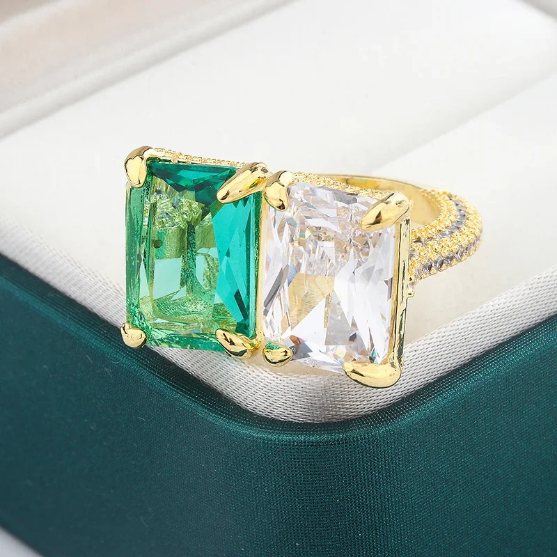

Exquisite 925 Stamp Ring for Women Shiny Square Green and White Zircon Ring Simple Engagement Party Jewelry Gift
