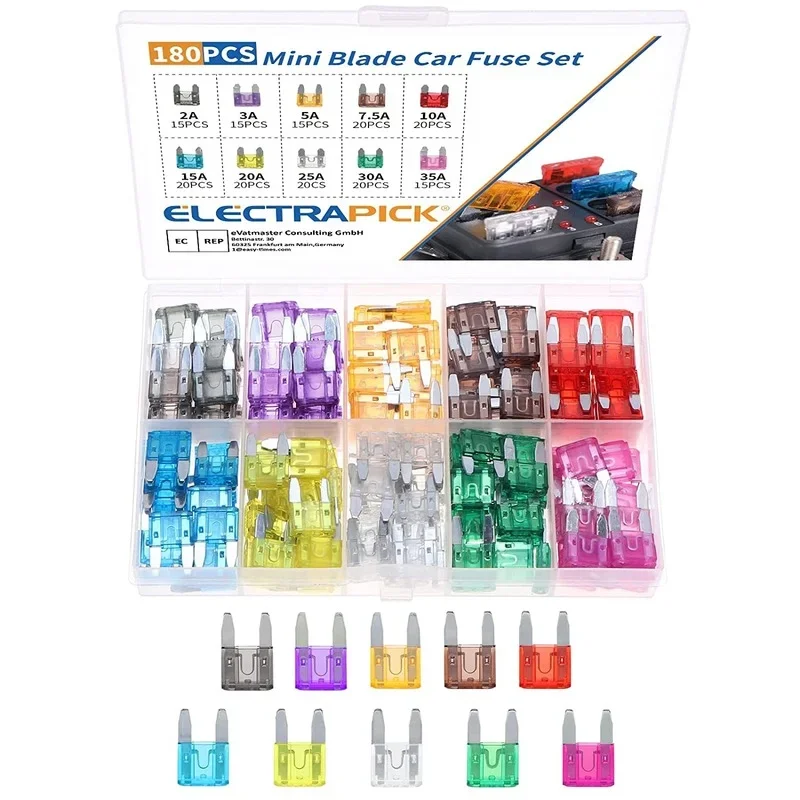 180pcs Mini Car Fuse Set Flat Blade Fuses for Automotive Boat Truck SUV 2A 3A 5A 7,5A 10A 15A 20A 25A 30A 35A