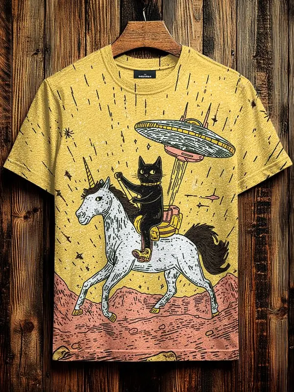 2025 Men's T-Shirt Funny Cartoon Black Cat Unicorn UFO Art 3D Print T Shirt Summer Men Women Short Sleeve Tee Casual Kid Y2k Top