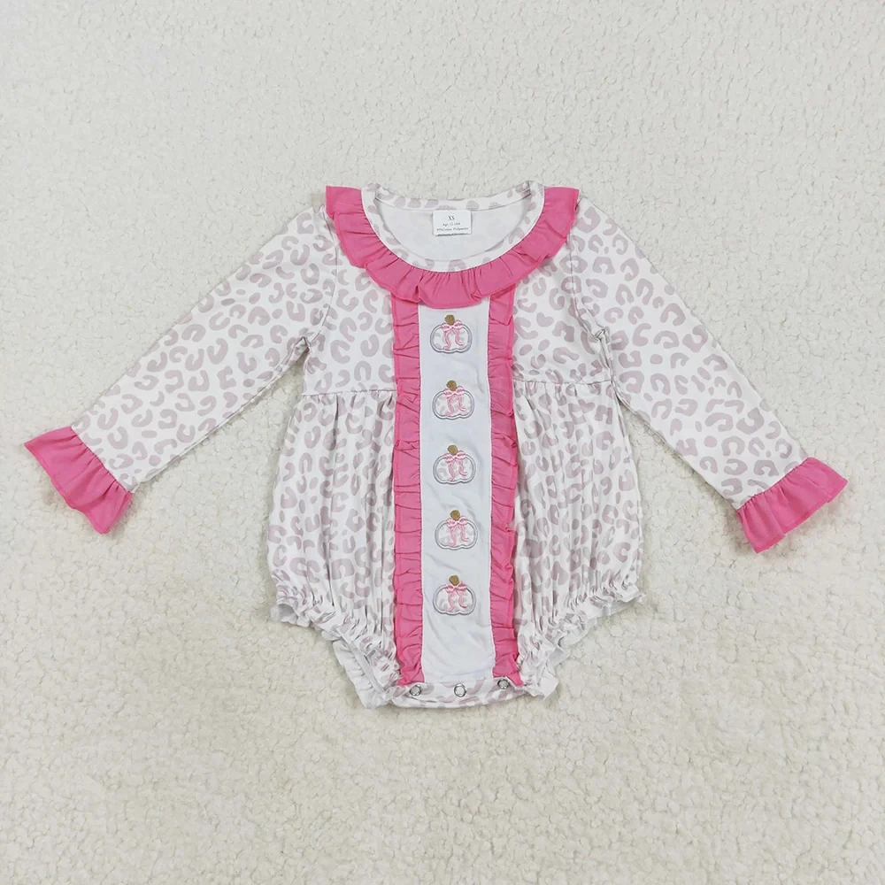 

Wholesale Baby Girl Toddler Thanksgiving Leopard Kids Newborn Coverall Fall Bodysuit Children Embroidery Pumpkins Bows Romper
