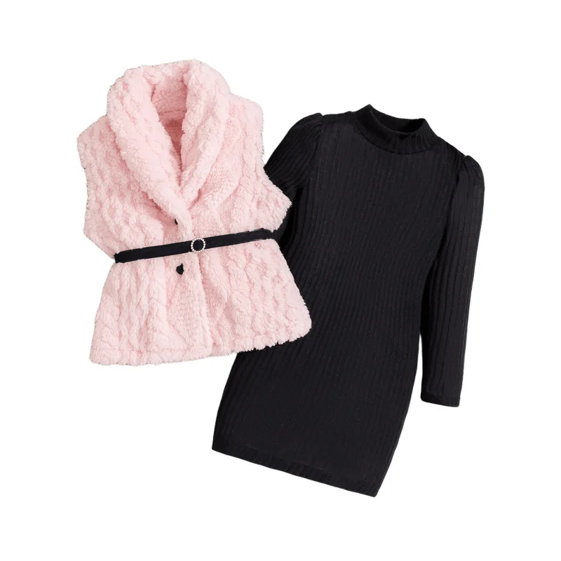 

Autumn Winter New Girls Pink Lapel Furry Vest Coat Black Ribbed Long Sleeve Dress Set