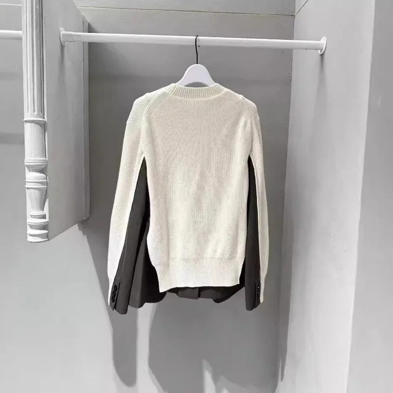 2024 [ZOCI] SACAI 2024 Top Splicing Knitted Folded Round Neck Woolen Sweater Trendy New Fashion