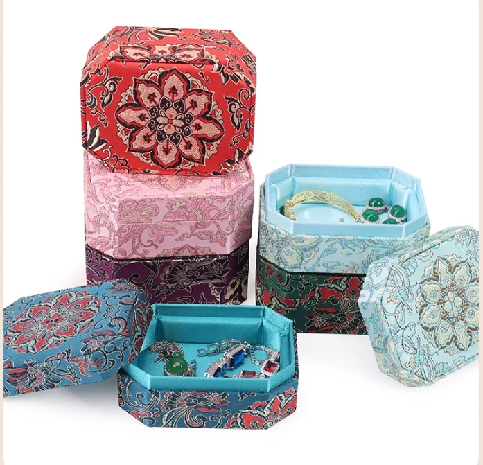 Octagonal Flip Lid Silk Brocade Cloth Jewelry Storage Boxes for Necklace Bracelet Earings Rings, Chinese style Vintage Packaging