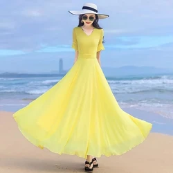 Women Summer Dress New V-neck Elegant Fashion Short Sleeve Solid Ladies Beach Slim Ankle-Length Chiffon Dress Women's Clothing