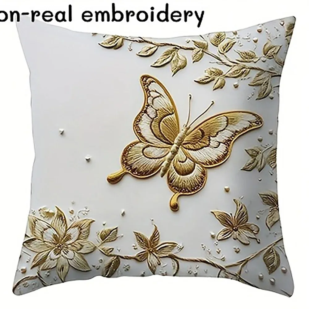 2D Flat Printed Peach Skin Pillow Case Faux Embroidery Gold Butterfly Cushion Cover For Sofa Living Room Luxury Decor