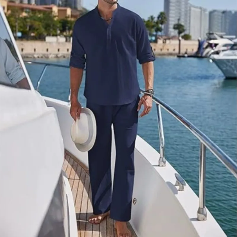 

Men's Cotton and Linen Shirt Long Pants Two-piece Set Fashionable Henry Collar Long Sleeved Shirt Casual Vacation Beach Pants