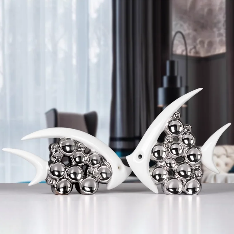 Modern Silver Plated Couple Bubble Fish Ceramic Accessories Art Wedding Gifts Home Living Room Table Sculpture Decoration Items