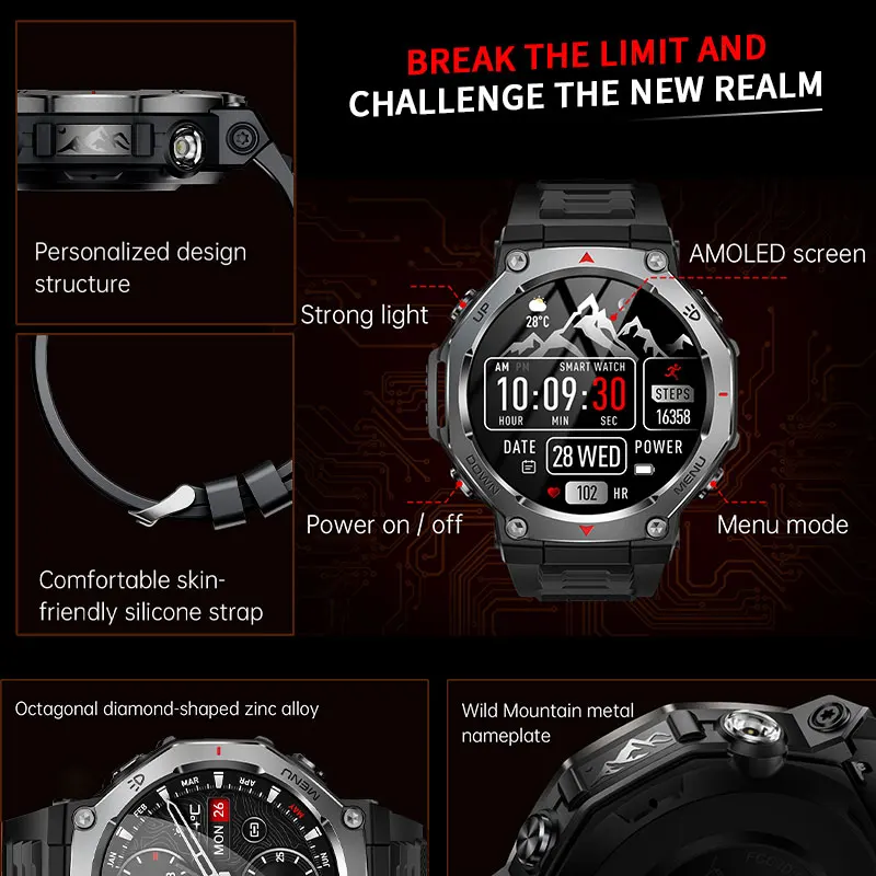 LIGE 1.43-calowy ekran Amoled, smartwatch z funkcją połączeń Bluetooth, latarką LED z światłem UV, wodoodporność 5ATM, smartwatch sportowy do aktywności na świeżym powietrzu dla mężczyzn