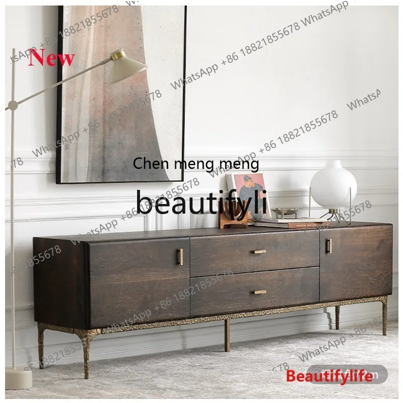 cn8350 ss Nordic Solid Wood TV Cabinet and Coffee Table Set Vintage Style Smoked Oak Solid Wood Modern Minimalist