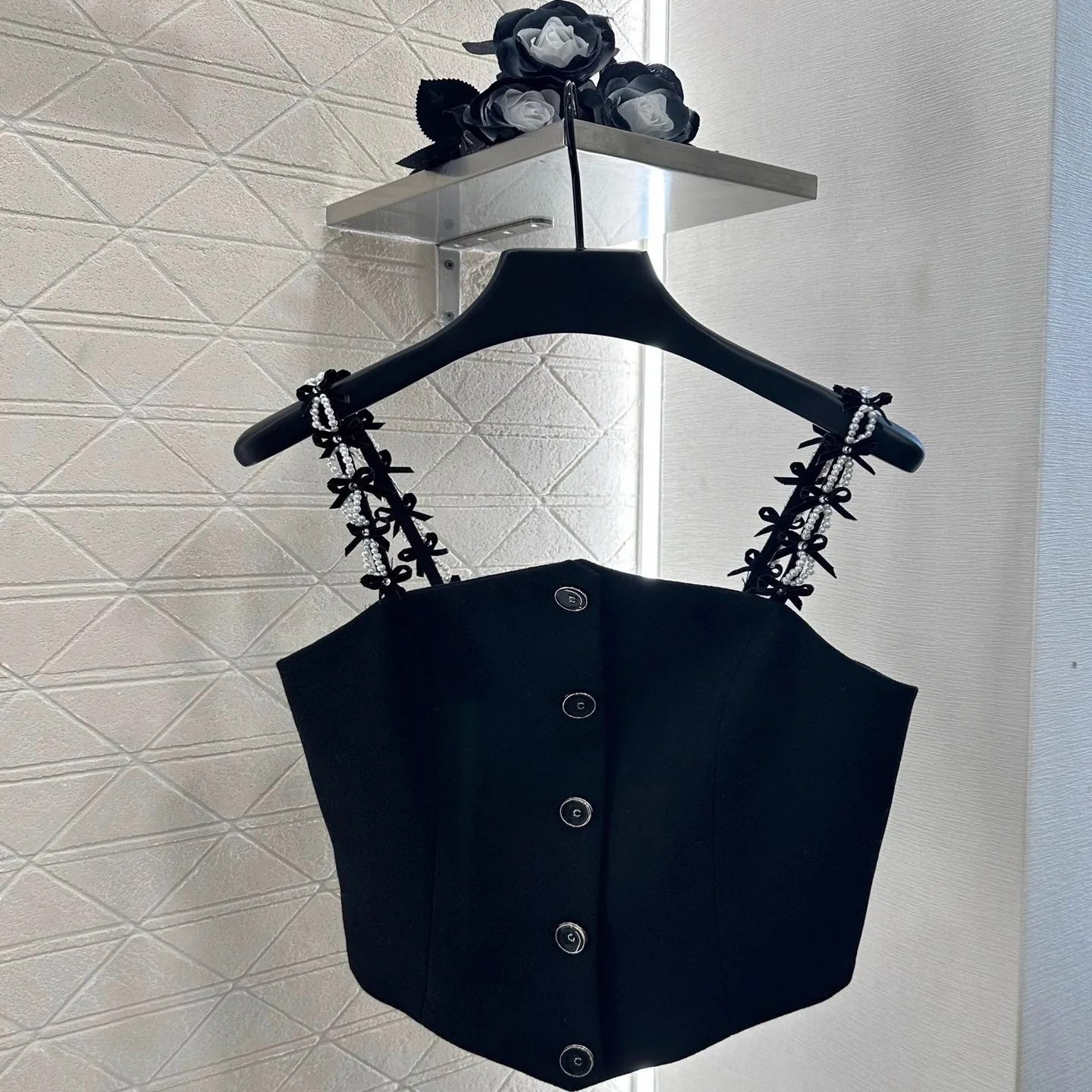 

Strap 25 Summer Autumn New Front Decoration Sexy Aging Reduced Pearl Bow Tank Top