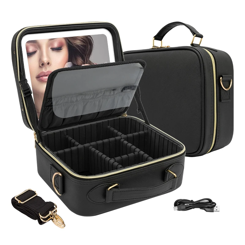 Missmeeca Travel Makeup Bag with Mirror of LED Lighted Makeup Cosmetic Case Large Waterproof Makeup Tool box Travel Storage Box