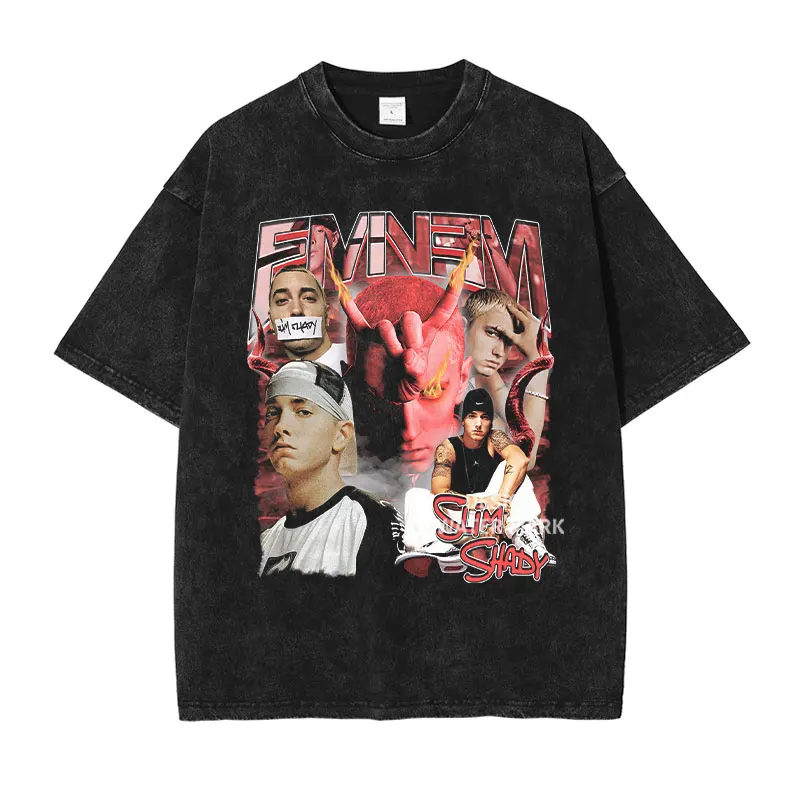 Eminem Vintage Washed T-shirt Hip Hop Rapper T Shirts Harajuku Y2K Oversized Short Sleeve Tops Tees Men Clothing 100% Cotton