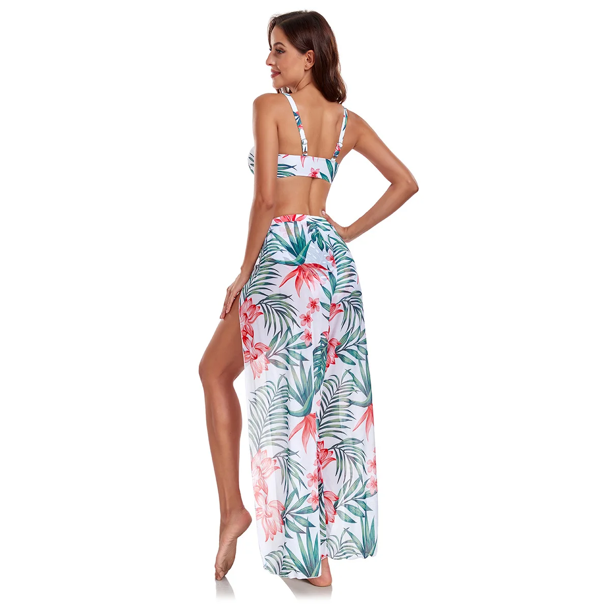 New 3 Pieces Set Swimsuit Women Print Swimwear Sexy High Waist Bikini Set With Sarong Skirts Cover Up Beach Wear Bathing Suit