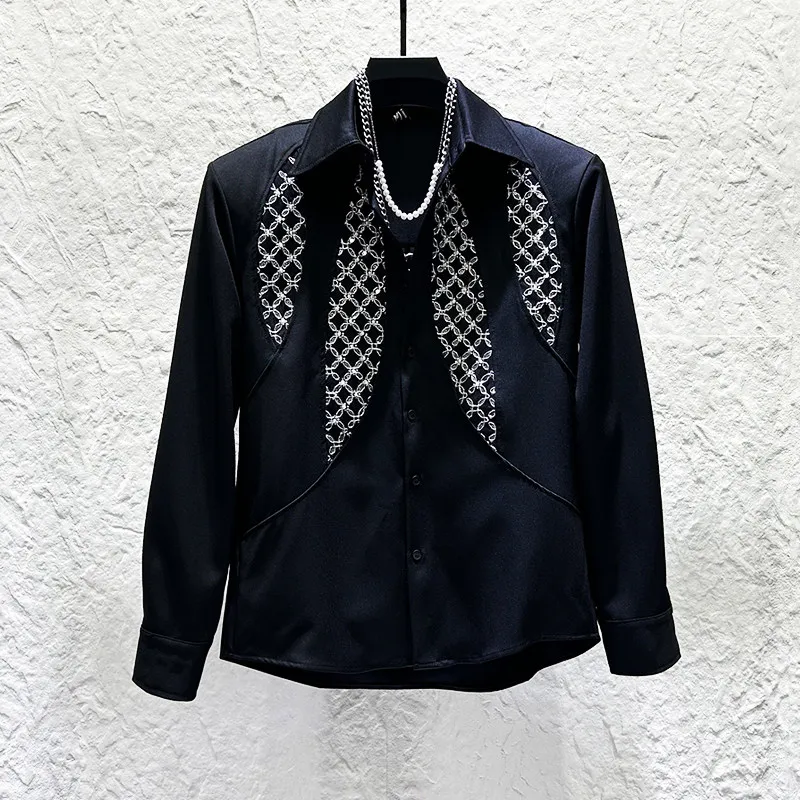 Heavy Industry Embroidered Sequined Long Sleeve Shirt Men Shoulder Pads Design Splicing Shirts Loose Banquet Party Formal Shirt