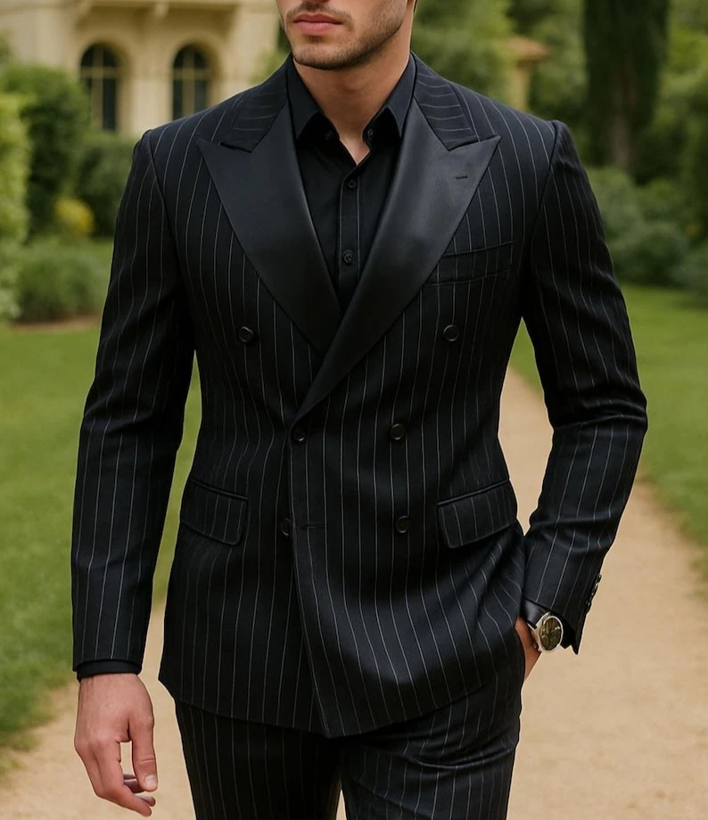 

Men’s Luxury Black Pinstripe Double Breasted Suit Tailored Fit Italian Blazer Pants