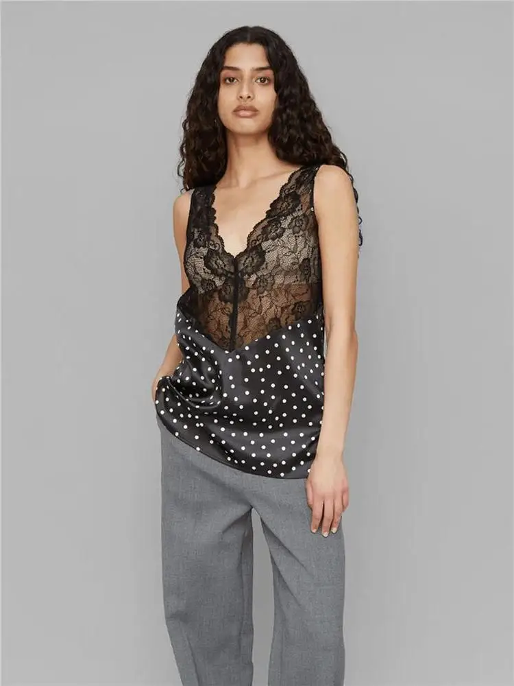 Sexy Lace Base Shirt Women's Summer See-through Polka Dot Silk Satin Strapless Top Spicy Girl Sleeveless Shirt Citywalk Polye...
