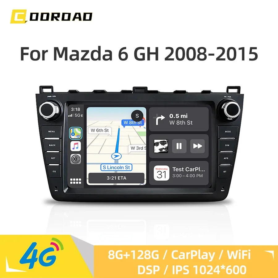 Car Multimedia Player Android 14.0 Car Radio For Mazda 6 GH 2008-2015 CarPlay 4G WiFi GPS Navigation Bluetooth Stereo Head Unit