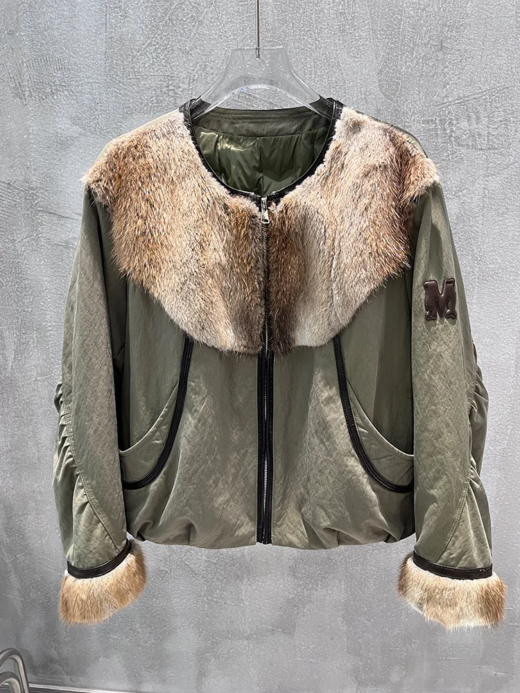 

2025 зимние женские теплые куртки на гусином пуху, толстая женская верхняя одежда с воротником из натурального меха Muskrat, пальто