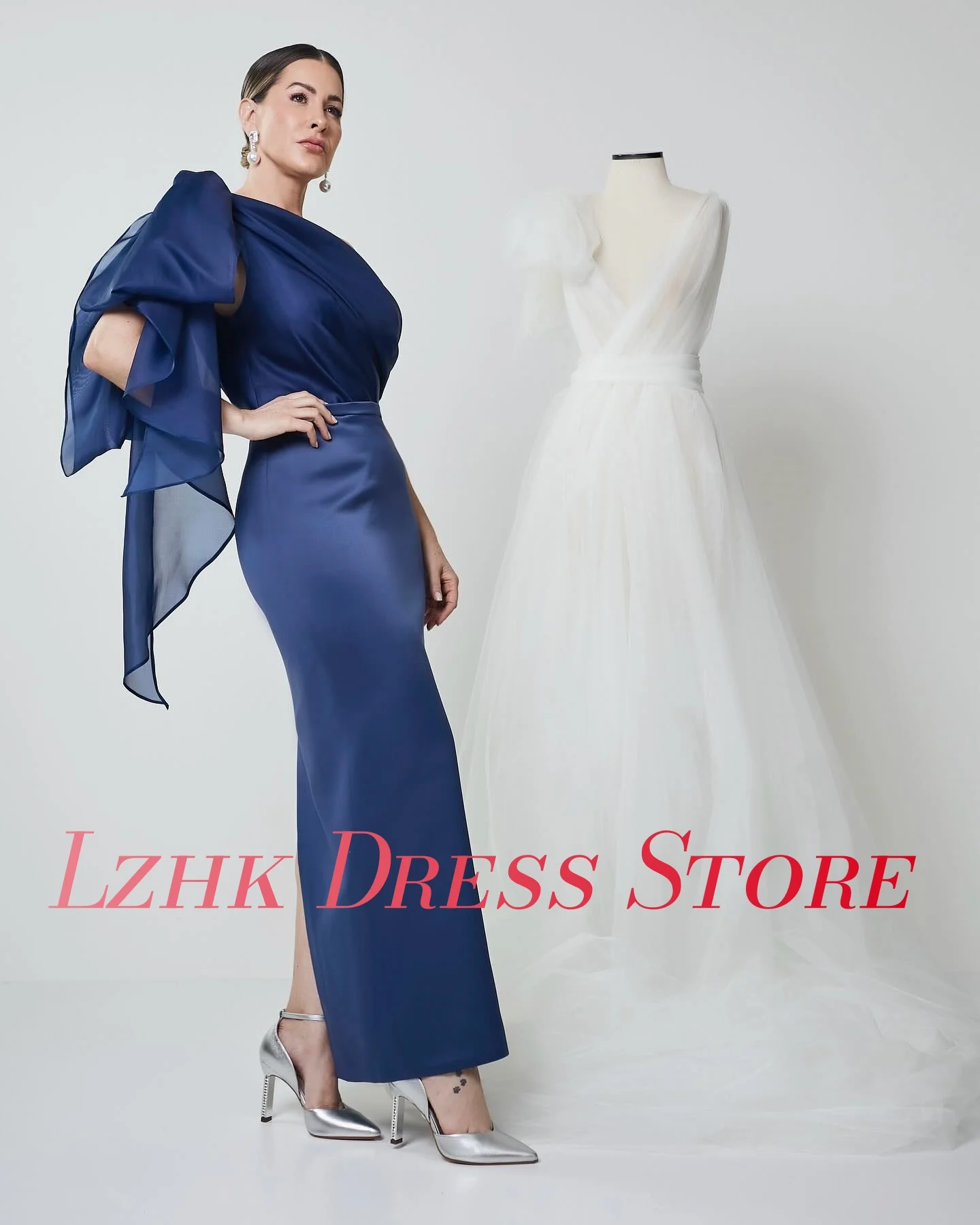 カスタマイズされたセクシーなサテンストレートワンショルダー 3D リボンイブニングドレス高品質足首丈 فستان سهرة نسائي