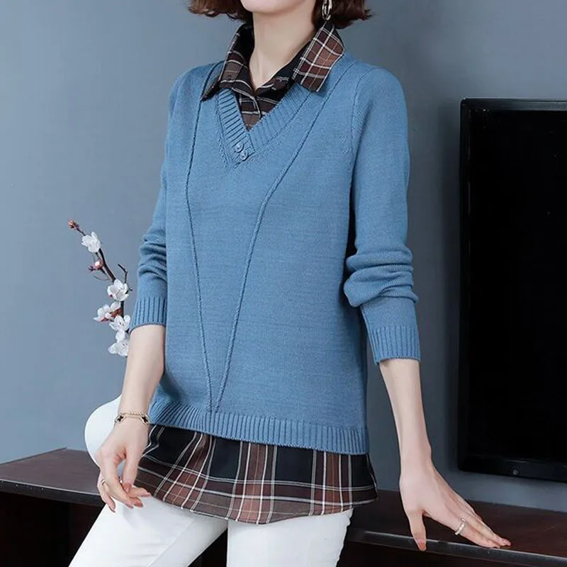 2023 All-match Female Plaid Spliced Fashion Sweaters Elegant Casual Fake Two Pieces Knitted Tops Spring Autumn Women's Clothing